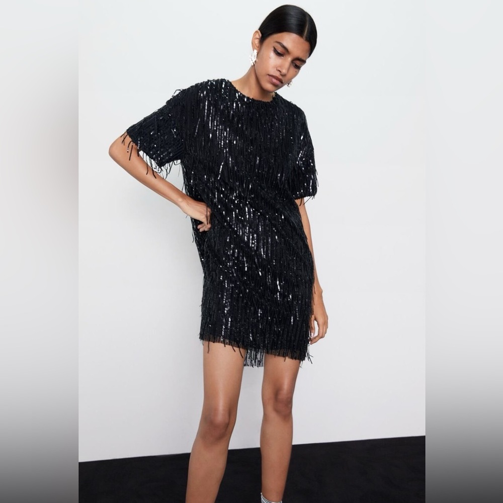 Zara fringe mini dress, black, fringe, sequin, size S